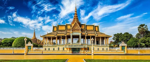 Phnom Penh tourist attraction and famouse landmark, panorama of Royal Palace complex, Cambodia,