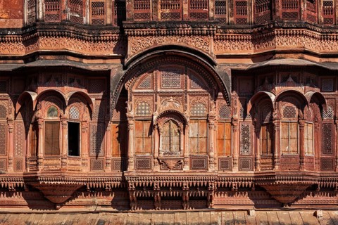 Decorated carved windows in Mehrangarh fort. Jodhpur, Rajasthan, India, Asia
