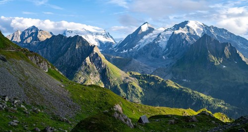 Mountain landscape at sunset at the Cabane de Louvie, summit Grand Combin de Grafeneire, Fionnay,