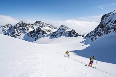 Ski tourer with rope, rope team on the Vadret da Porchabella glacier on the ascent to the summit of