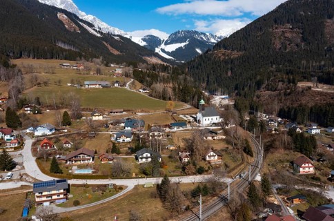 Drone image, residential buildings, view of town, Ardning, Ennstal, Styria, Austria, Europe