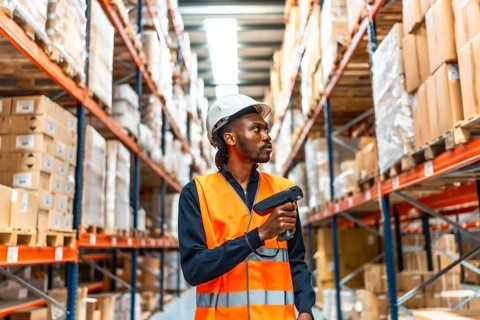 Frontal view of a concentrated african male worker using wireless scanner doing inventory in