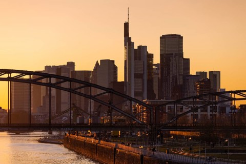 Sunset behind the Frankfurt banking skyline, Osthafen, Frankfurt am Main, Hesse, Germany, Europe