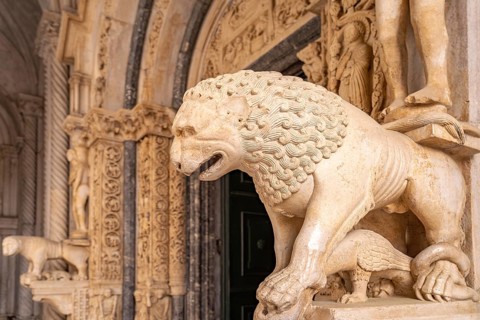 Lion at Radovan's portal of the Cathedral of St Lawrence in Trogir, Croatia, Europe