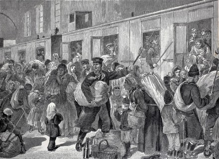 Emigrants, an emigrant train in Berlin in the 19th century, Germany, digital reproduction of an