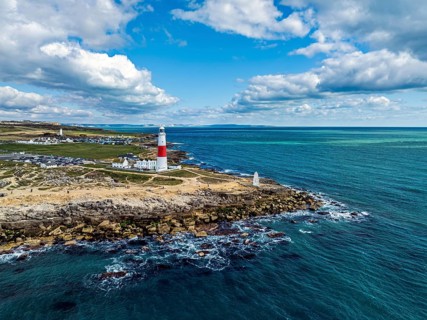 Portland Bill Lighthouse from a drone, Portland Bill, Isle of Portland, Dorset, England, United