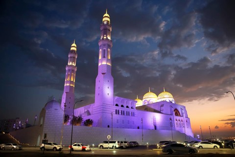 Mohammed Al Ameen Mosque, illuminated, night shot, Muscat, Oman, Asia