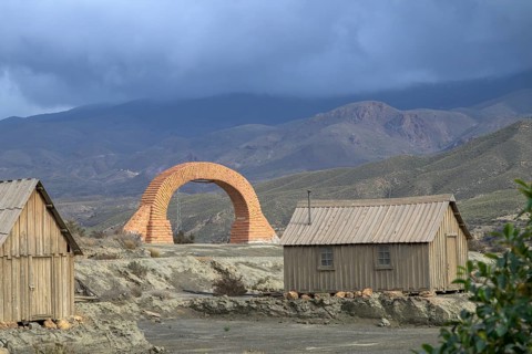 Stone arch and hut from the film Spiel mir das Lied vom Tod, western village Fort Bravo or Texas