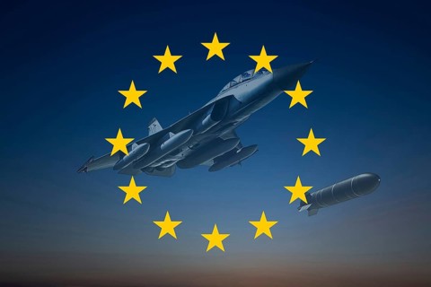 (Photomontage) Fighter jet in the evening sky, accompanied by the stars of the European Union