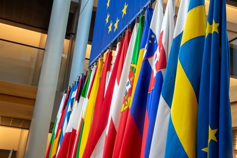 Flags of the member states of the European Union in the EU Parliament in Strasbourg, France, Europe