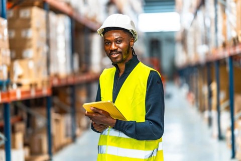 African supervisor examining stock in warehouse using digital tablet