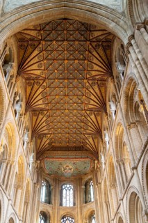 Interior of cathedral church, Peterborough, Cambridgeshire, England, UK looking up at ceiling