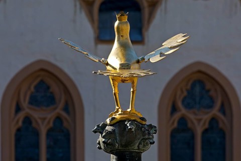 Gilded imperial eagle as a fountain eagle on the market fountain in front of the town hall, Old