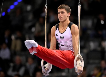 Timo Eder GER rings action gymnastics, EnBW DTB-Pokal, Porsche-Arena, Stuttgart, Baden-Württemberg,