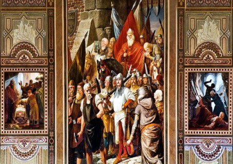 Left, The princes pay homage to the six-week-old Henry IV at Christmas 1050 in the Palatinate of