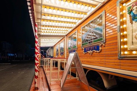 Illuminated wooden checkout area in evening light, Böblingen, Germany, Europe