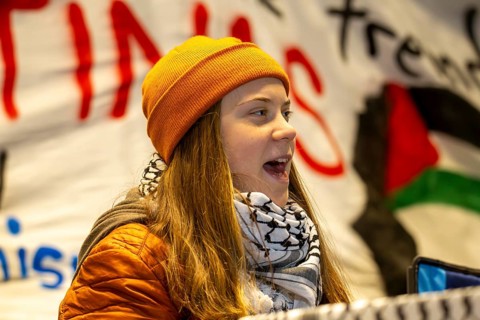 Greta Thunberg taking part in a pro-Palestinian rally on the market square in Mannheim