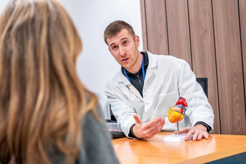 Doctor cardiologist using a model of a heart to explain surgery to a female patient