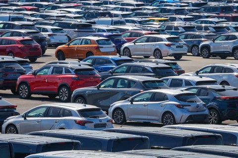 Duisburg, North Rhine-Westphalia, Germany - New cars, transhipment centre, car terminal in Duisburg