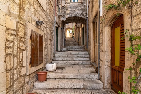 Staircase in the old town centre of Korcula, Croatia, Europe