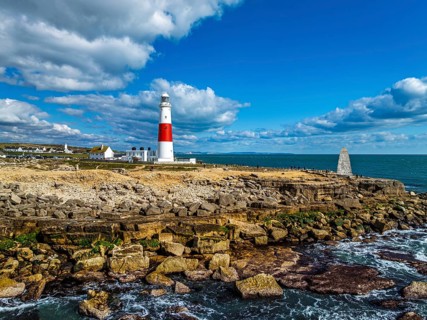 Portland Bill Lighthouse from a drone, Portland Bill, Isle of Portland, Dorset, England, United