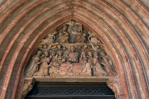 Tympanum, Mary's Entombment, St Andrew's Church, Weißenburg, Middle Franconia, Bavaria, Germany,