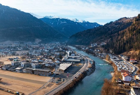 Drone shot, view of village with parish church, Prutz, Kaunertal, Inntal, Inn, Tyrol, Austria,