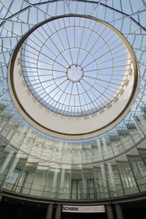Kunsthalle Schirn with round glass dome, glass window, glass building, inscription, modern