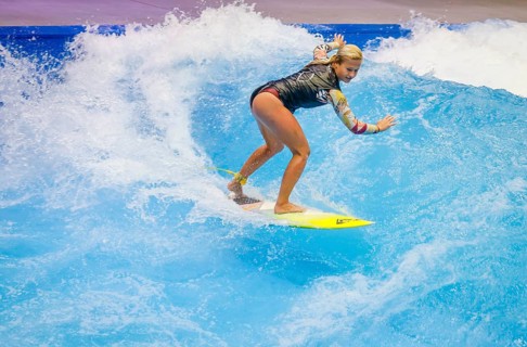 Messe boot Düsseldorf, Surfer riding a standing indoor wave on the occasion of a press event,