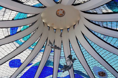 Angels hanging from the stained-glass ceiling, Roman Cathedral of Brasilia or Metropolitan