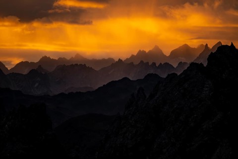 Montafon mountains with dramatic cloudy sky at sunrise, Tschagguns, Rätikon, Montafon, Vorarlberg,