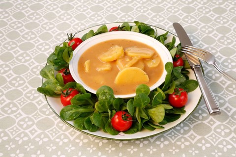 Swabian cuisine, sour potato wheels, potato slices in sour sauce, healthy cuisine, typical Swabian,