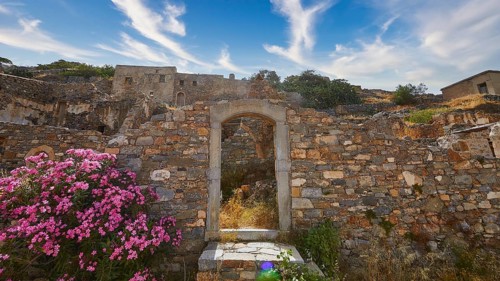 Pink flowers blooming at a stone archway amidst ancient ruins under a blue sky, Venetian Sea