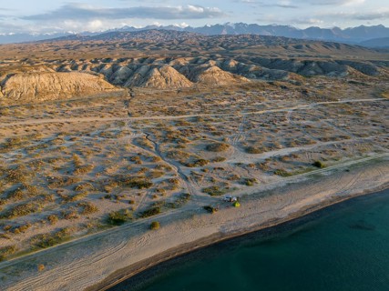 Aerial view, landscape at Lake Issyk Kul, Kyrgyzstan, Asia