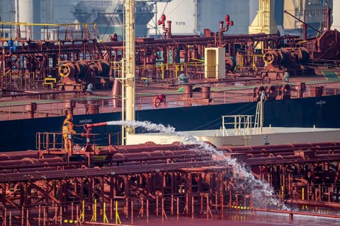 The crude oil tanker HOJO, in the seaport of Rotterdam, in the petroleum harbour, Europoort, ship