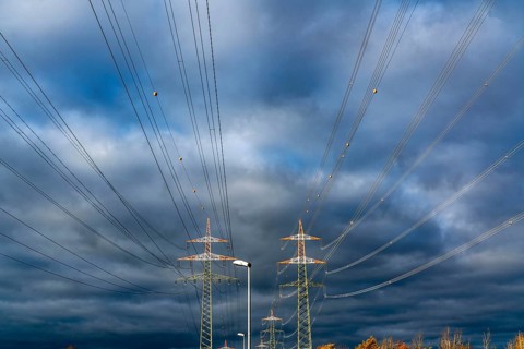 High-voltage pylons, overhead lines, with warning paint for air traffic, near Krefeld, North