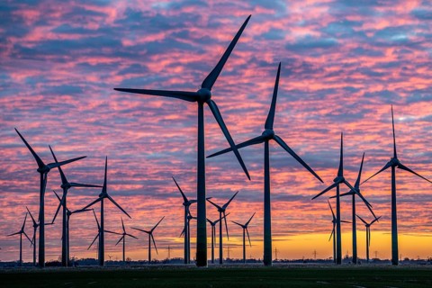 Wind farm near the East Frisian town of Norden, east of the town, sunset, Lower Saxony, Germany,