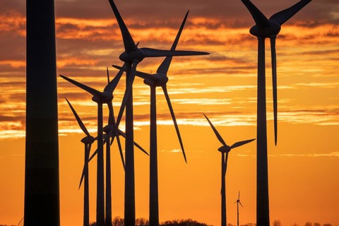 Wind farm near the East Frisian town of Norden, east of the town, sunset, Lower Saxony, Germany,