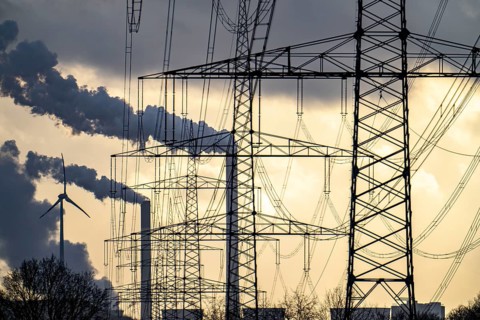 High-voltage power lines, overhead pylons, UNIPER coal-fired power plant Scholven in the