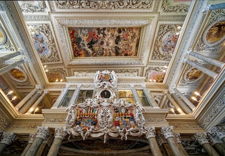 Coat of arms and portrait on the princely gallery, ceiling design, baroque church, baroque castle
