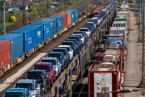 Duisburg-Rheinhausen freight station, at the Logport harbour area, goods trains loaded with new