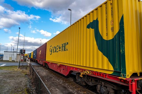 Containers arrive by train at the Logport, DIT, Duisburg Intermodal Terminal, part of the new Silk
