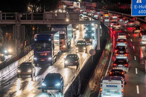 Evening traffic jam on the A40 motorway, Essen-Huttrop junction, traffic jam in both directions,