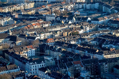 View over the city centre of Düsseldorf, residential area in the Friedrichstadt district, North