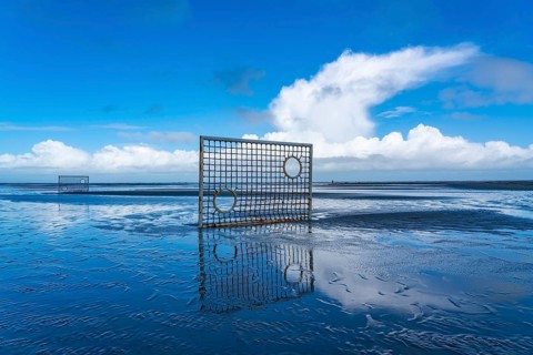 Football pitch, football field, Tor tor, on the beach, tidal creek, in the west of Borkum, island,