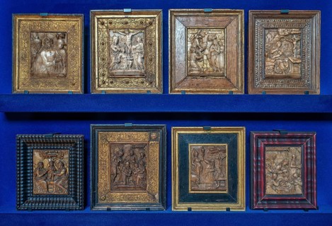 Flemish high relief artworks in the alabaster cabinet at Kasteel van Gaasbeek, renovated medieval