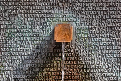 Banat, Timisoara, Timisoara, old town centre, names on a fountain, metal plate with names, Romania,