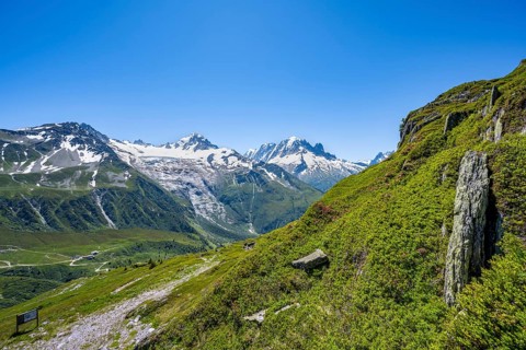 Mountain panorama with glaciated mountain peaks, Aiguille Verte and Glacier du Tour, hike to