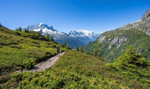 Mountaineer on hiking trail, mountain panorama with glaciated mountain peaks, Aiguille Verte with