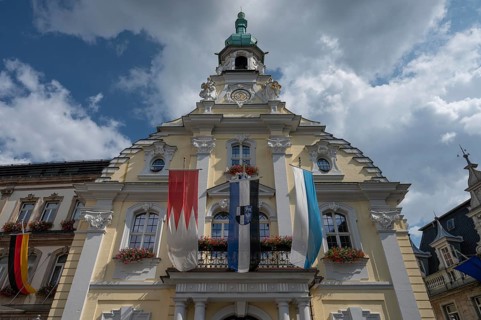 Flags in front of the town hall during the Kulmbach Beer Week, Kulmbach, Upper Franconia, Bavaria,